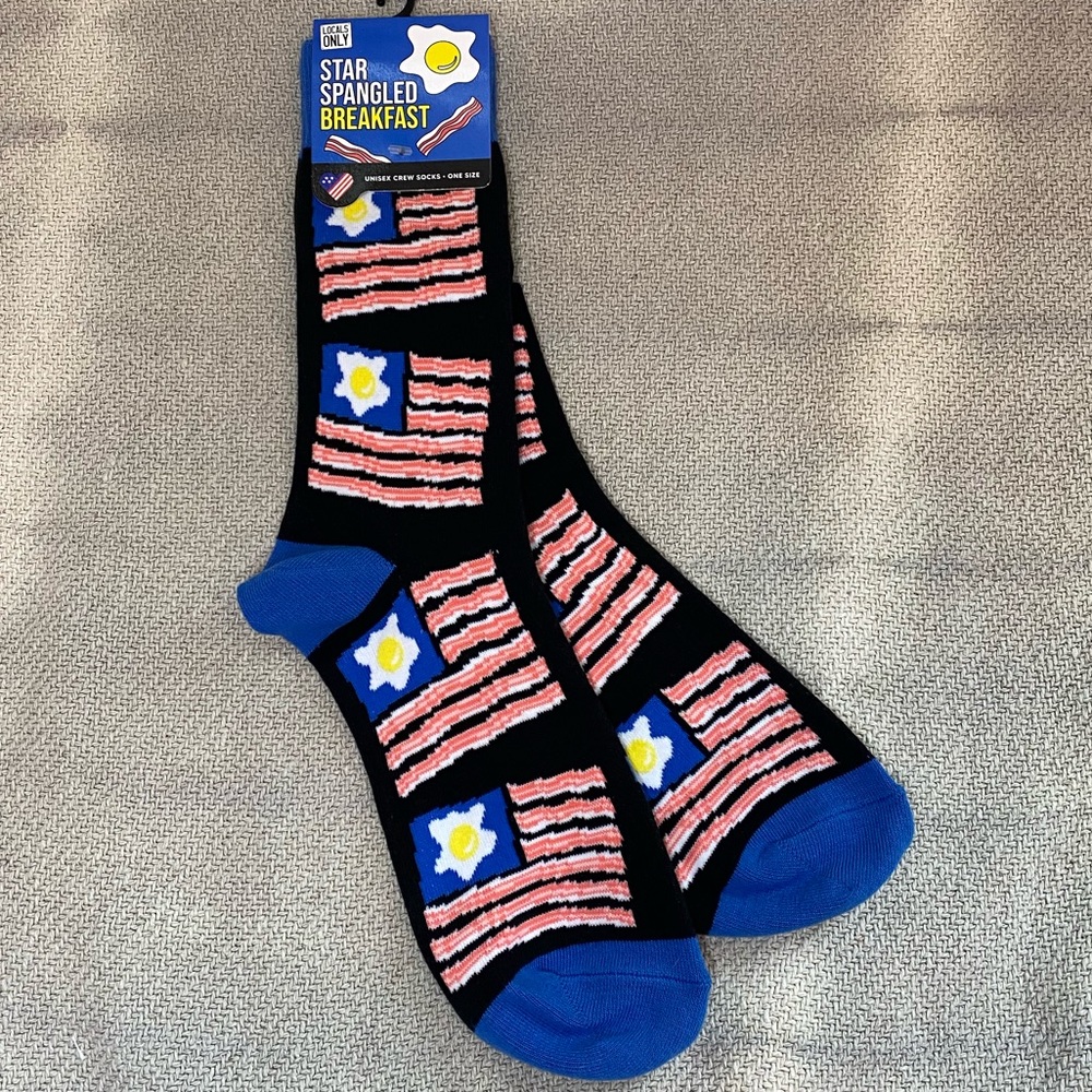 Unisex Star Spangled Breakfast Socks American Flag Bacon Eggs NWT Gift USA
